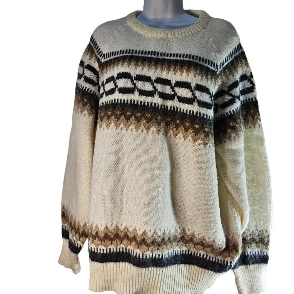 Vintage 80s Sweater Mens Size L Ivory Brown Winter Ski Thick Wool Fair Isle